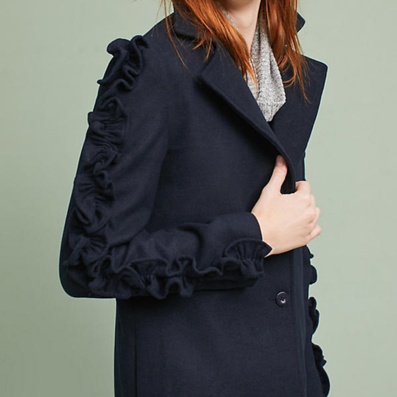 ANTHROPOLOGIE Navy Ruffled Sleeve Coat S NWT $168 - Picture 2 of 8